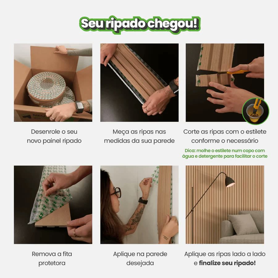 Passo a passo: desenrole, meça, corte com estilete, remova a fita protetora e aplique lado a lado