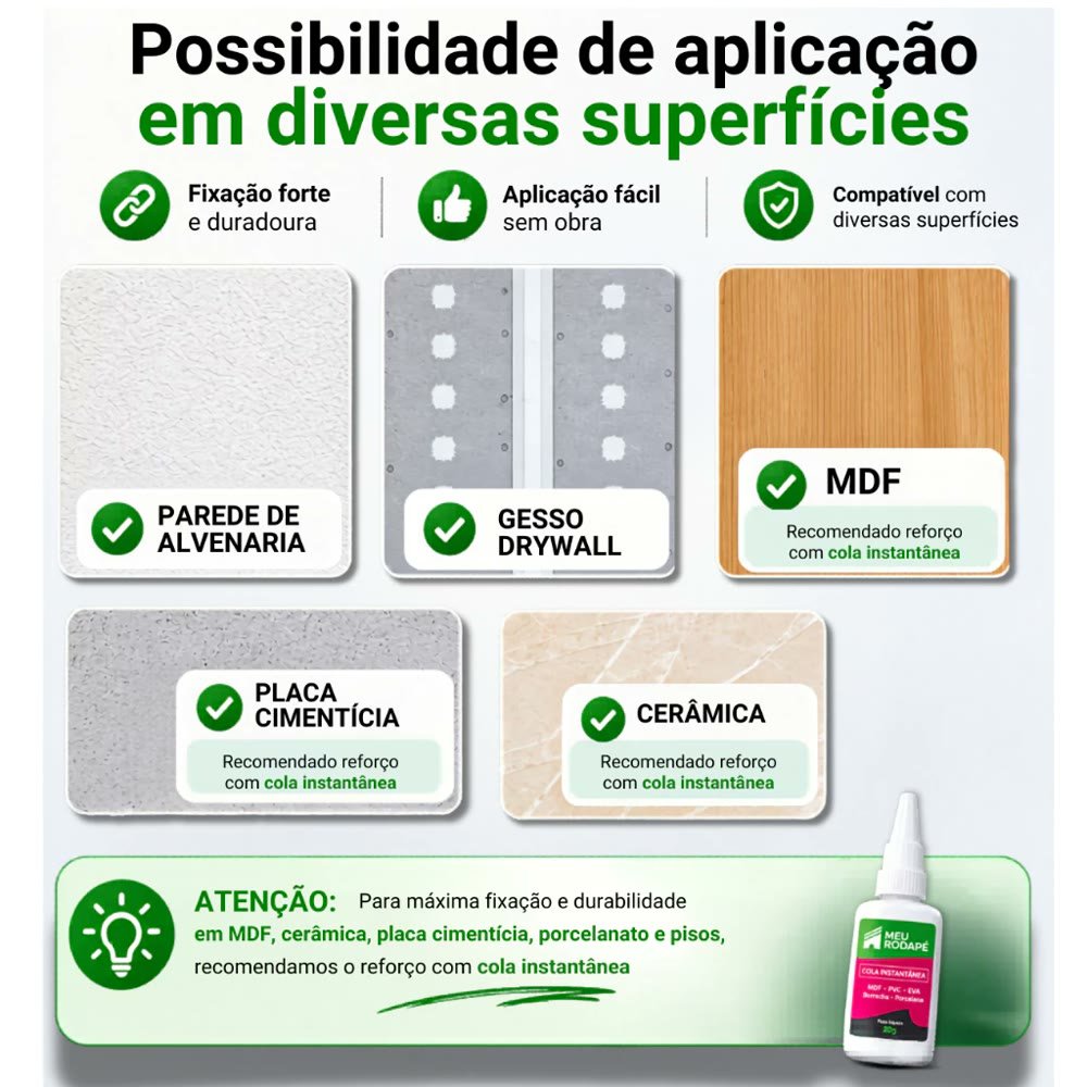 Superfícies compatíveis: alvenaria, gesso drywall, MDF, placa cimentícia e cerâmica